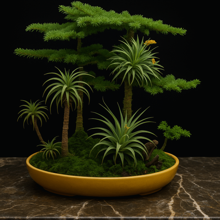 Monkey Puzzle Tree Bonsai with spiraled leaves in a shallow pot