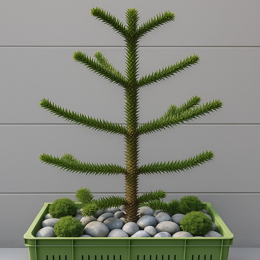 Monkey Puzzle Tree Bonsai with spiraled leaves in a shallow pot